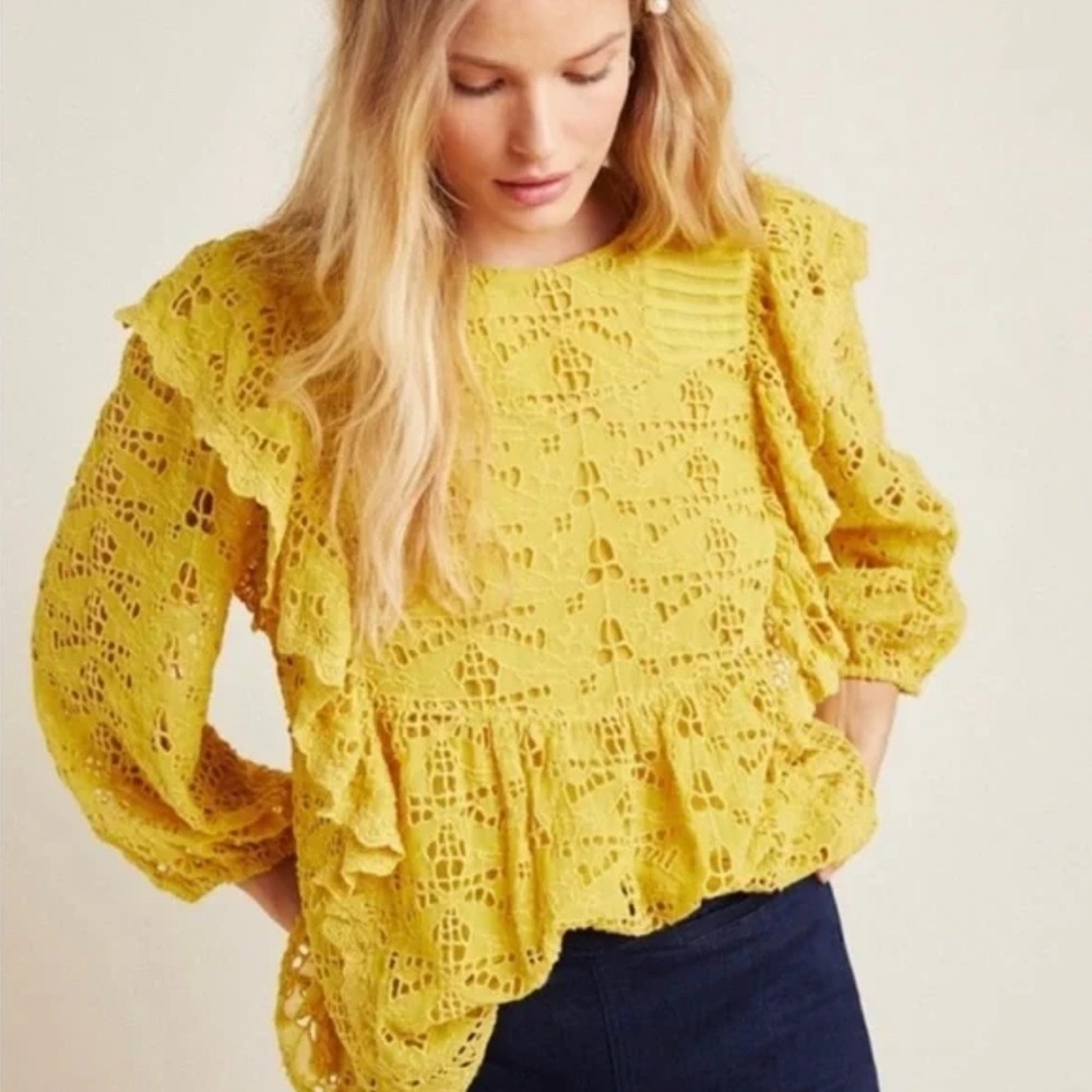 Anthropologie Mustard Lace Top